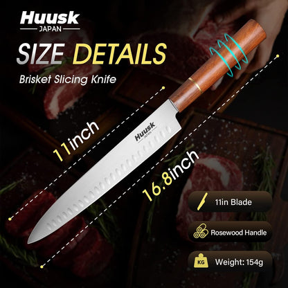 Huusk 12" Brisket Carving Knife, Ultra Sharp Slicing Knife with Granton Edge, High Carbon Steel Meat Slicer for BBQ Brisket, Turkey, Rib Roast & Trimming, Butcher Knives for Kitchen & Grill, Men Gifts