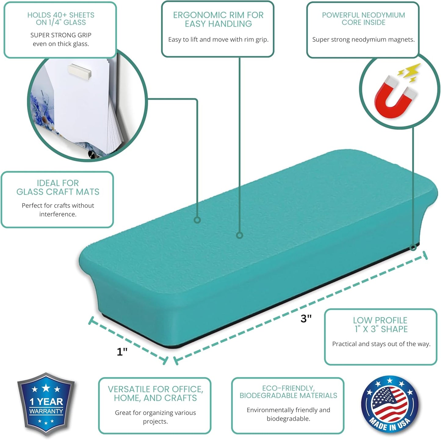 Mega Magnets - Neodymium - Heavy Duty, Colorful, Ergonomic, Ideal for Crafting, Quilting, and as Magnetic Knife Holders (2, Ice Blue Bar)