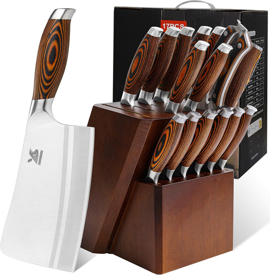 Knife Block Set 17-piece Knife Set with Wooden Block - German Steel Perfect Cutlery Set Gift