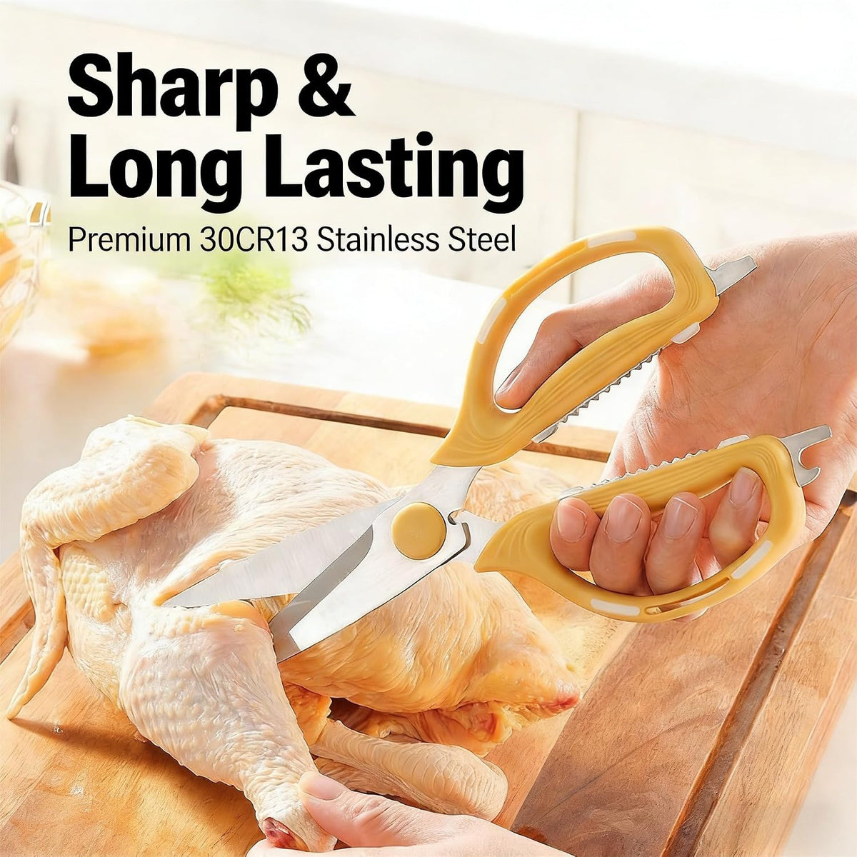 Kitchen Shears Scissors Food Scissors, 8-in-1 Multifunction Japanese Stainless Steel Meat Shears, Dishwasher Safe Sharp Shear All Purpose with Comfort Grip, Ideal for Everyday Use-Yellow