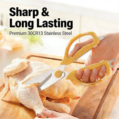 Kitchen Shears Scissors Food Scissors, 8-in-1 Multifunction Japanese Stainless Steel Meat Shears, Dishwasher Safe Sharp Shear All Purpose with Comfort Grip, Ideal for Everyday Use-Yellow