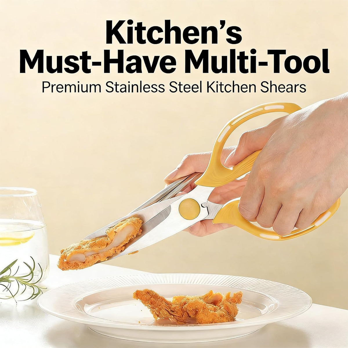 Kitchen Shears Scissors Food Scissors, 8-in-1 Multifunction Japanese Stainless Steel Meat Shears, Dishwasher Safe Sharp Shear All Purpose with Comfort Grip, Ideal for Everyday Use-Yellow