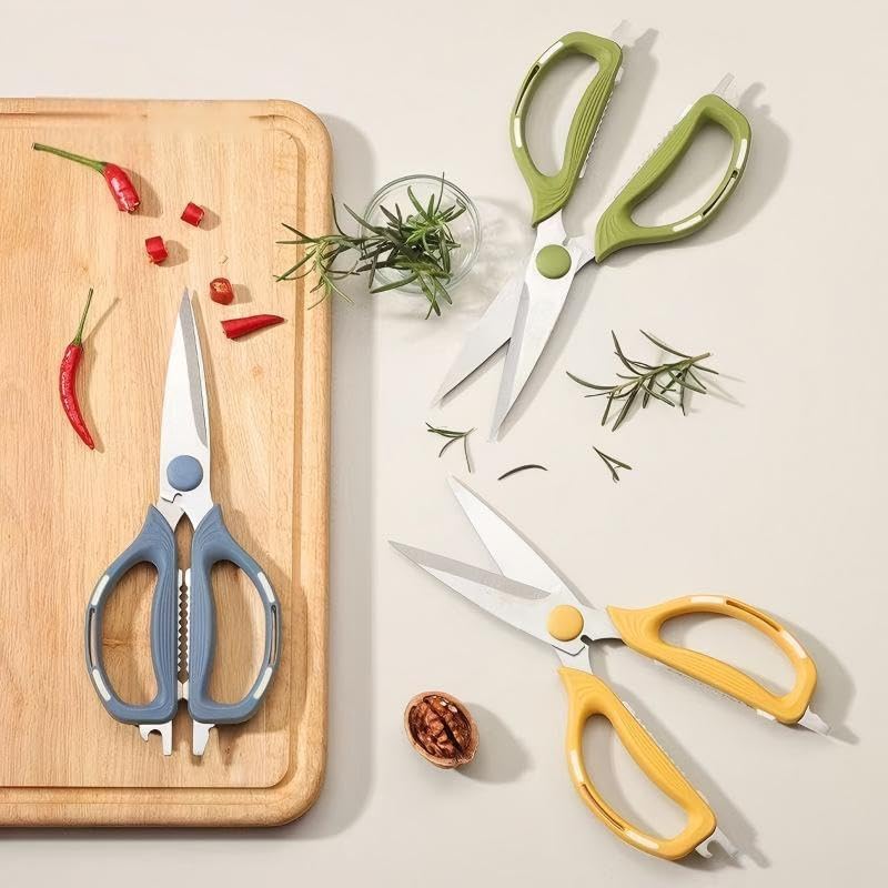 Kitchen Shears Scissors Food Scissors, 8-in-1 Multifunction Japanese Stainless Steel Meat Shears, Dishwasher Safe Sharp Shear All Purpose with Comfort Grip, Ideal for Everyday Use-Yellow