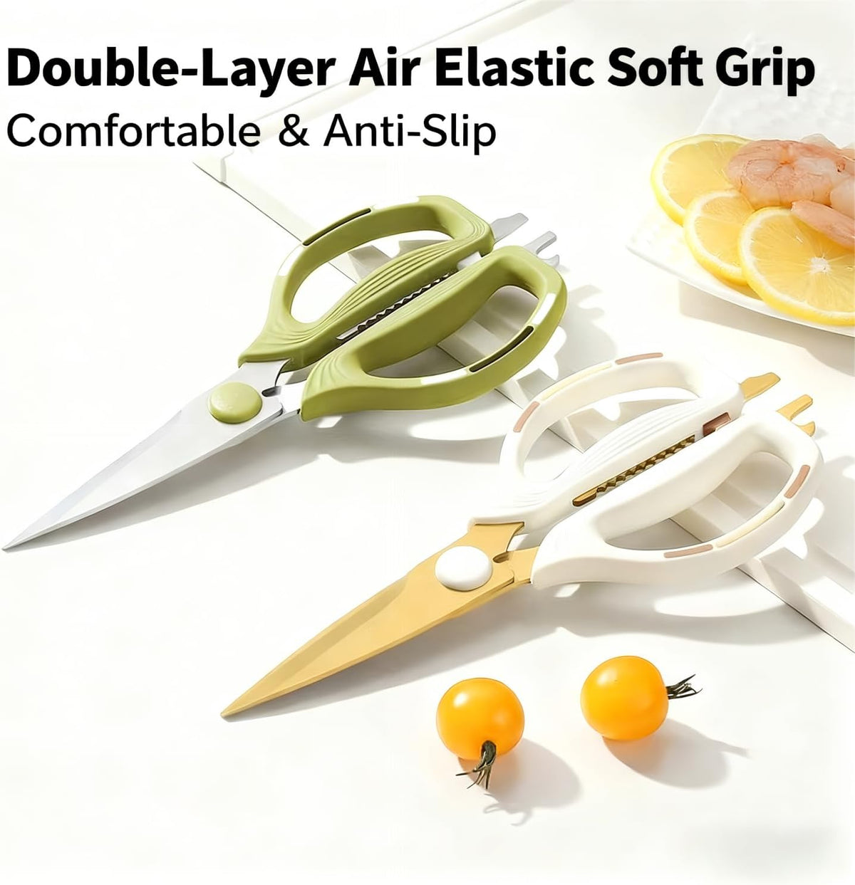 Kitchen Shears Scissors Food Scissors, 8-in-1 Multifunction Japanese Stainless Steel Meat Shears, Dishwasher Safe Sharp Shear All Purpose with Comfort Grip, Ideal for Everyday Use-Yellow