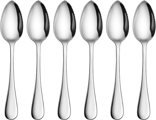 Rain 18/10 Stainless Steel Grapefruit Spoons, Serrated Edge Citrus Spoons, 6.35 Inch, Mirror Polished Silver, Set of 6