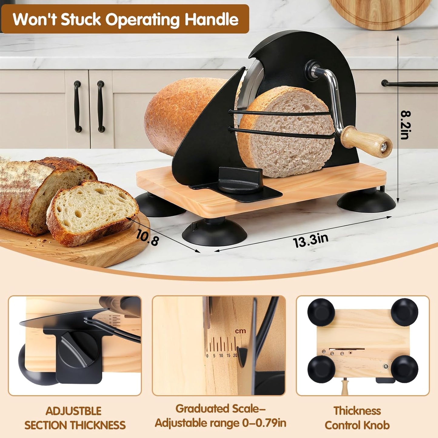 Manual Bread Slicer for Homemade Sourdough Bread, Adjustable Thickness & Evenly Slicing, Hand Crank Bread Slicer with Scale Line and Suction Cup, Serrated Blade Design, Patent Black