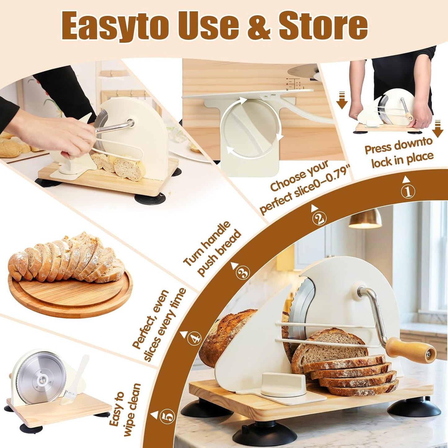 Manual Bread Slicer for Homemade Sourdough Bread, Adjustable Thickness & Evenly Slicing, Hand Crank Bread Slicer with Scale Line and Suction Cup, Serrated Blade Design, Patent Black