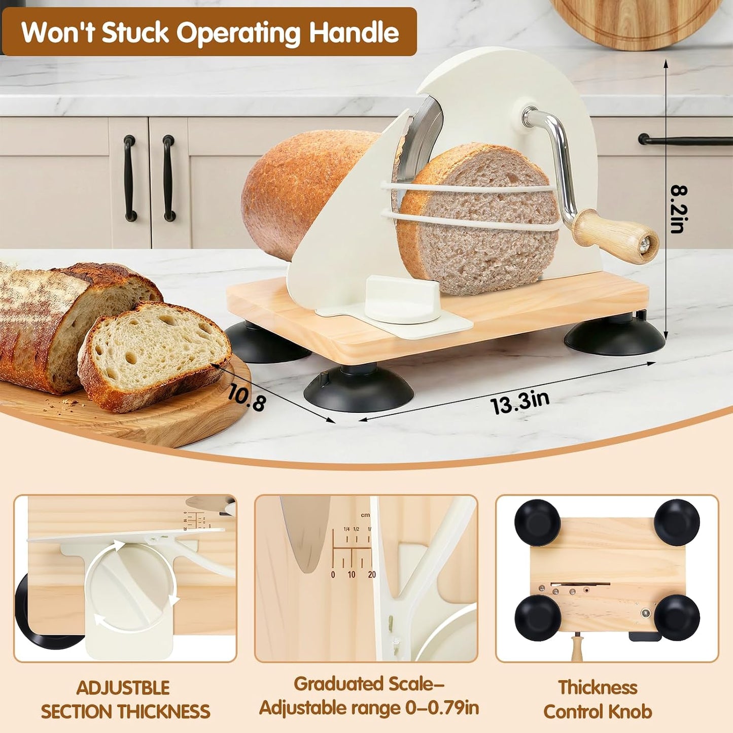 Manual Bread Slicer for Homemade Sourdough Bread, Adjustable Thickness & Evenly Slicing, Hand Crank Bread Slicer with Scale Line and Suction Cup, Serrated Blade Design, Patent Black