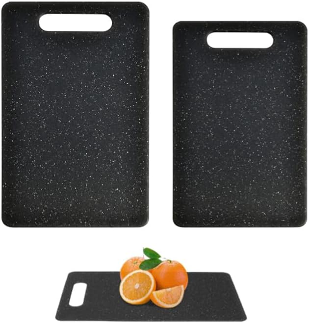 Plastic Cutting Board with Easy Grip Handle, Small Mini Charcuterie Boards Mat Set for Kitchen, Double Sided Chopping Board for Meat Vegetable Fruit, Dishwasher Safe (Black, 2 Pack)