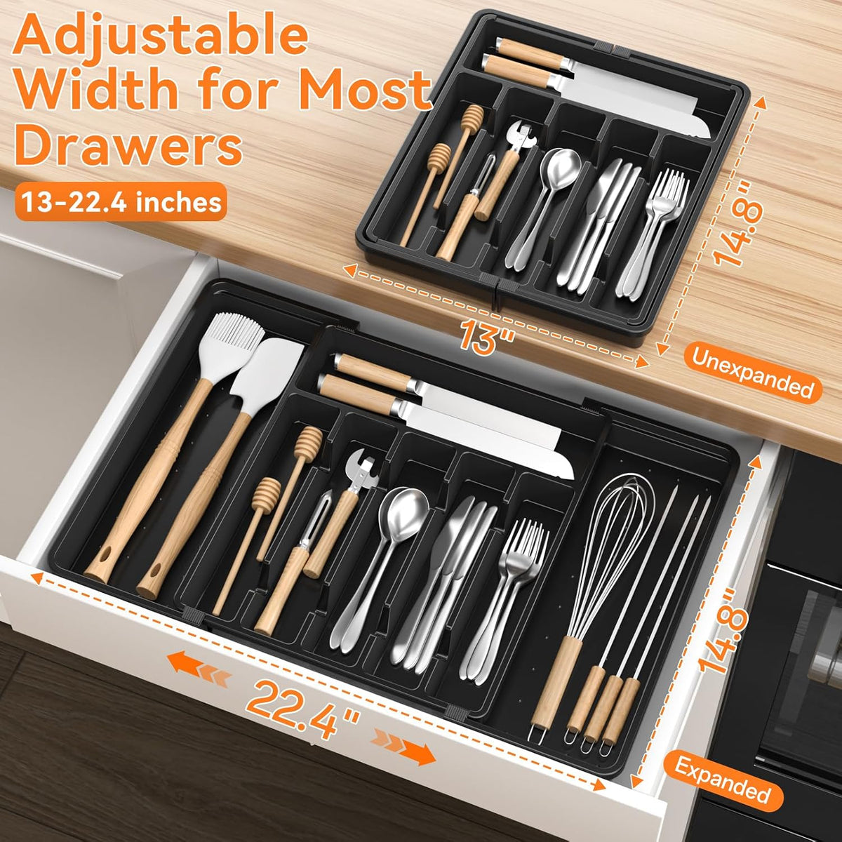 Large Silverware Organizer,Expandable Utensil Drawer Organizer,BPA Free Utensil Holder,Adjustable Silverware Tray Cutlery Drawer Organizer for Kitchen Flatware,Large,Black (6-8 Slots)