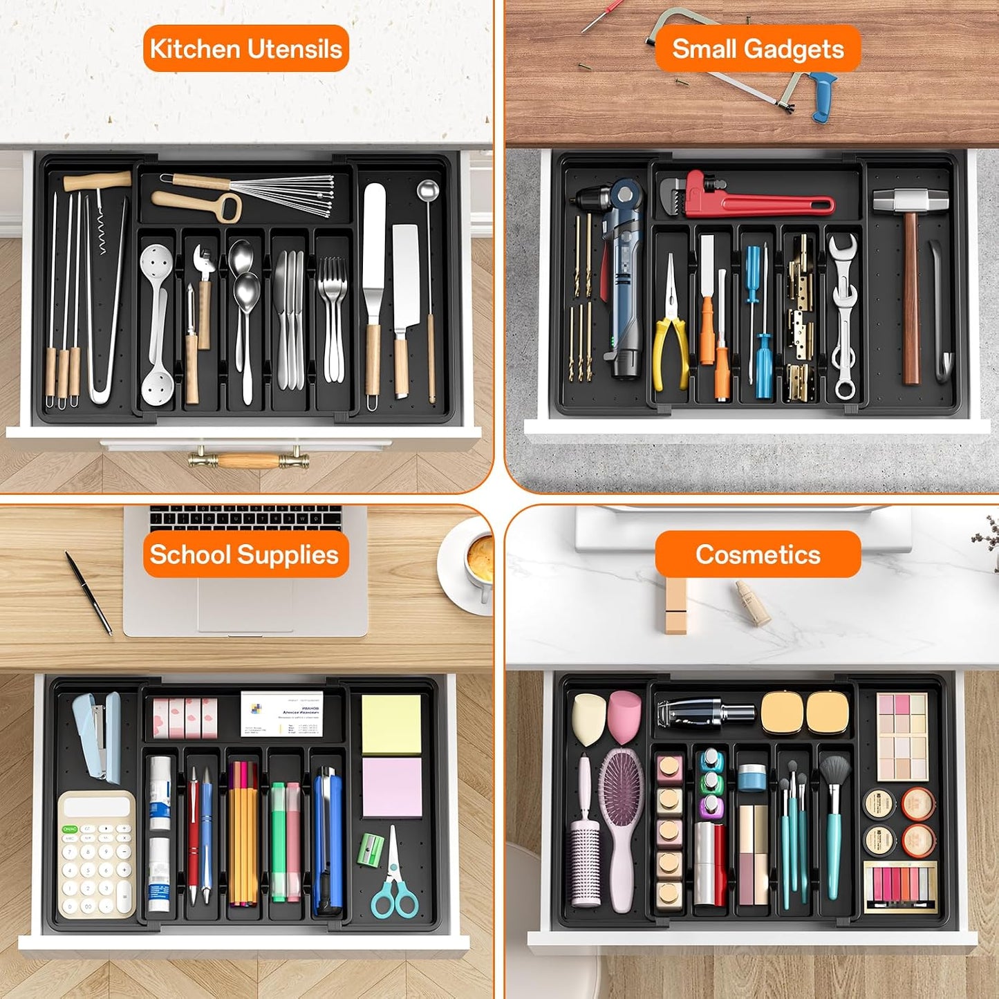 Large Silverware Organizer,Expandable Utensil Drawer Organizer,BPA Free Utensil Holder,Adjustable Silverware Tray Cutlery Drawer Organizer for Kitchen Flatware,Large,Black (6-8 Slots)