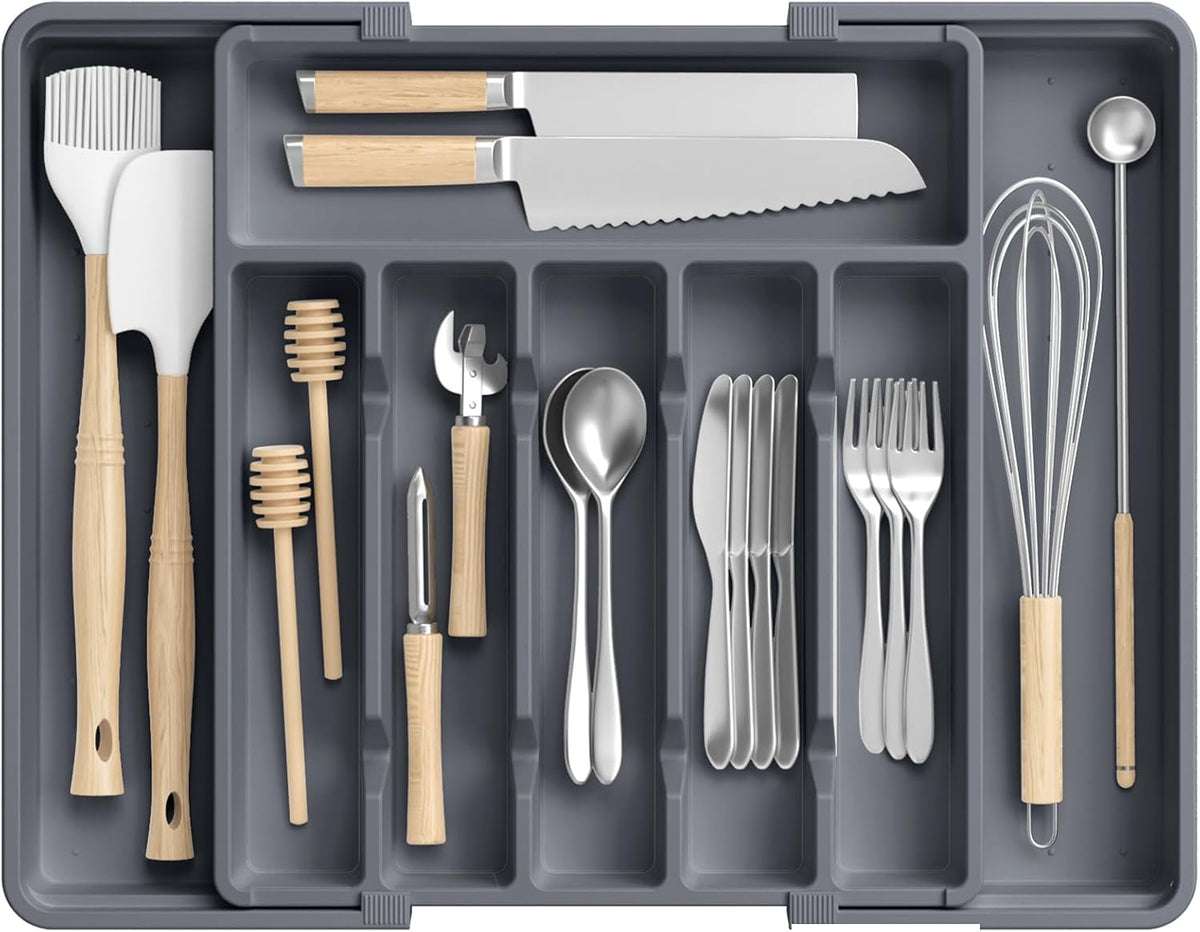 Large Silverware Organizer,Expandable Utensil Drawer Organizer,BPA Free Utensil Holder,Adjustable Silverware Tray Cutlery Drawer Organizer for Kitchen Flatware,Large,Black (6-8 Slots)