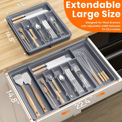 Large Silverware Organizer,Expandable Utensil Drawer Organizer,BPA Free Utensil Holder,Adjustable Silverware Tray Cutlery Drawer Organizer for Kitchen Flatware,Large,Black (6-8 Slots)