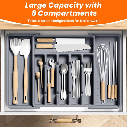 Large Silverware Organizer,Expandable Utensil Drawer Organizer,BPA Free Utensil Holder,Adjustable Silverware Tray Cutlery Drawer Organizer for Kitchen Flatware,Large,Black (6-8 Slots)