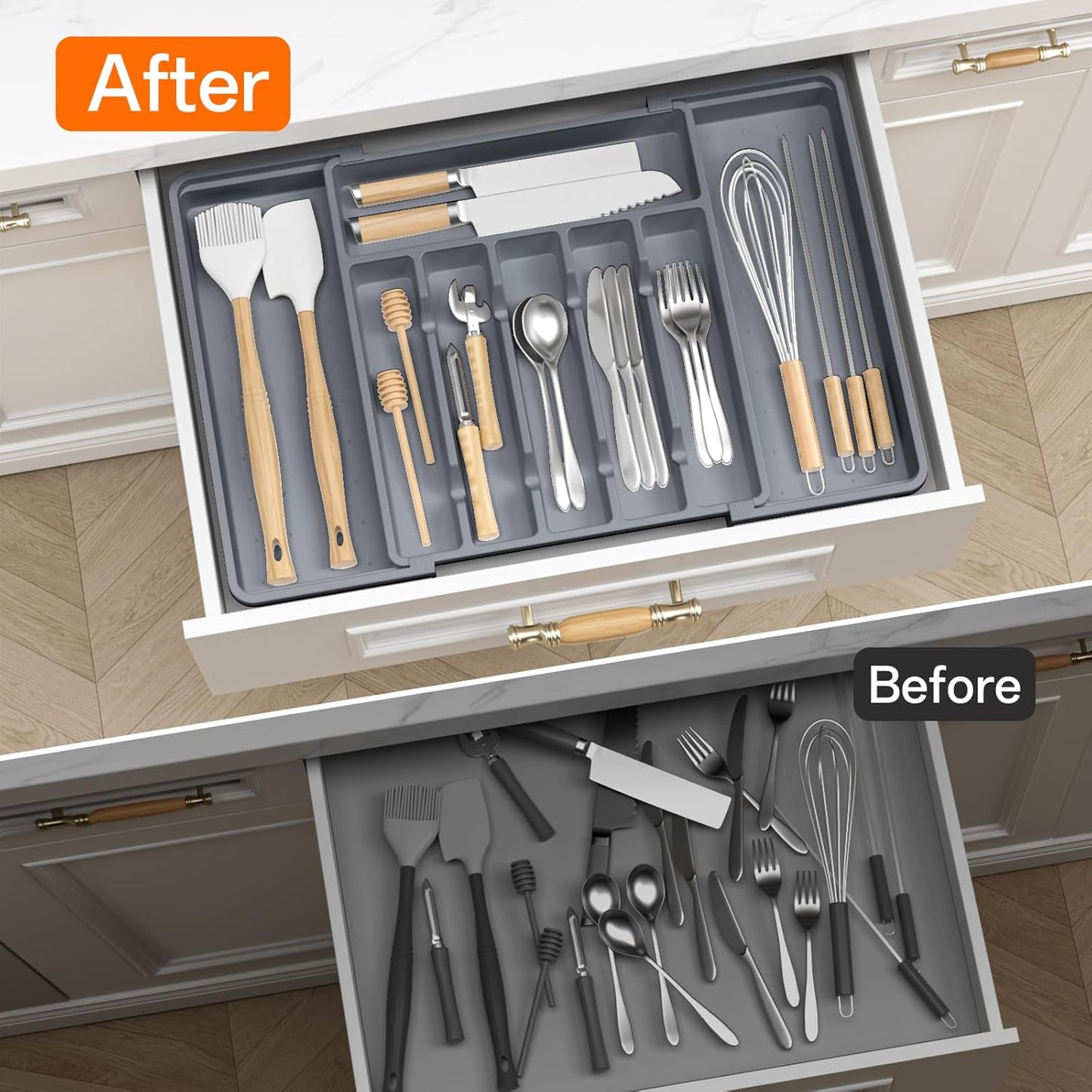 Large Silverware Organizer,Expandable Utensil Drawer Organizer,BPA Free Utensil Holder,Adjustable Silverware Tray Cutlery Drawer Organizer for Kitchen Flatware,Large,Black (6-8 Slots)