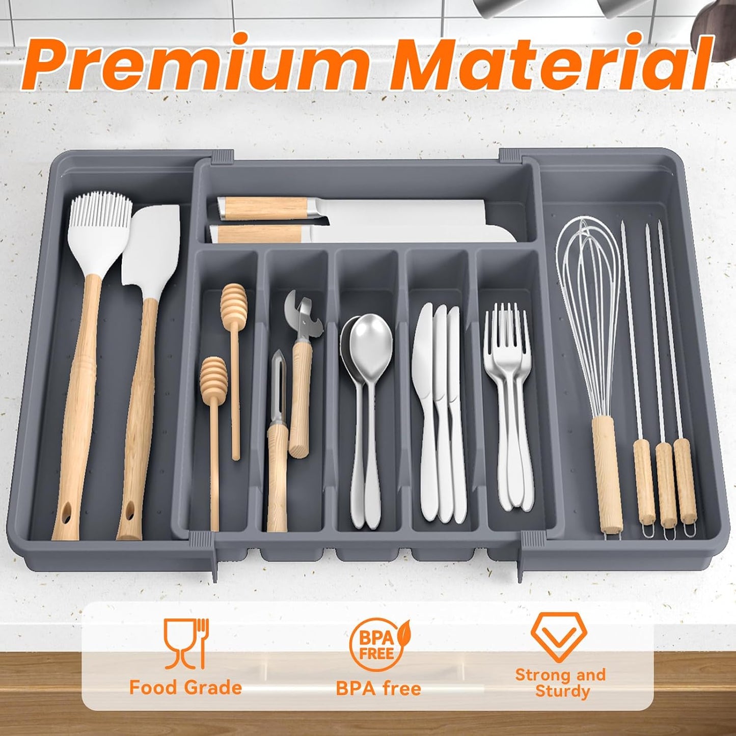 Large Silverware Organizer,Expandable Utensil Drawer Organizer,BPA Free Utensil Holder,Adjustable Silverware Tray Cutlery Drawer Organizer for Kitchen Flatware,Large,Black (6-8 Slots)