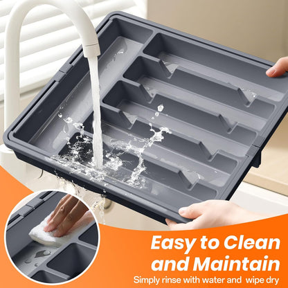 Large Silverware Organizer,Expandable Utensil Drawer Organizer,BPA Free Utensil Holder,Adjustable Silverware Tray Cutlery Drawer Organizer for Kitchen Flatware,Large,Black (6-8 Slots)