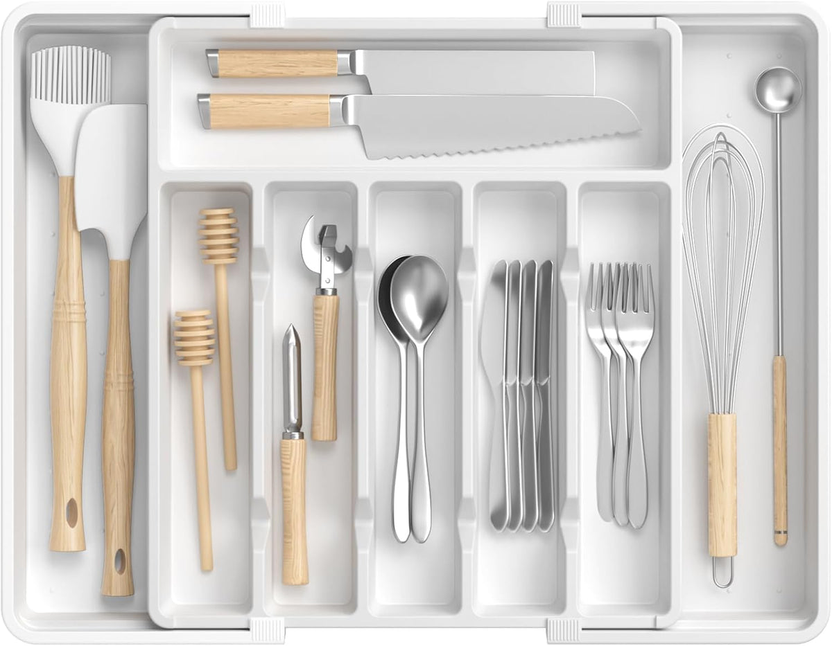 Large Silverware Organizer,Expandable Utensil Drawer Organizer,BPA Free Utensil Holder,Adjustable Silverware Tray Cutlery Drawer Organizer for Kitchen Flatware,Large,Black (6-8 Slots)