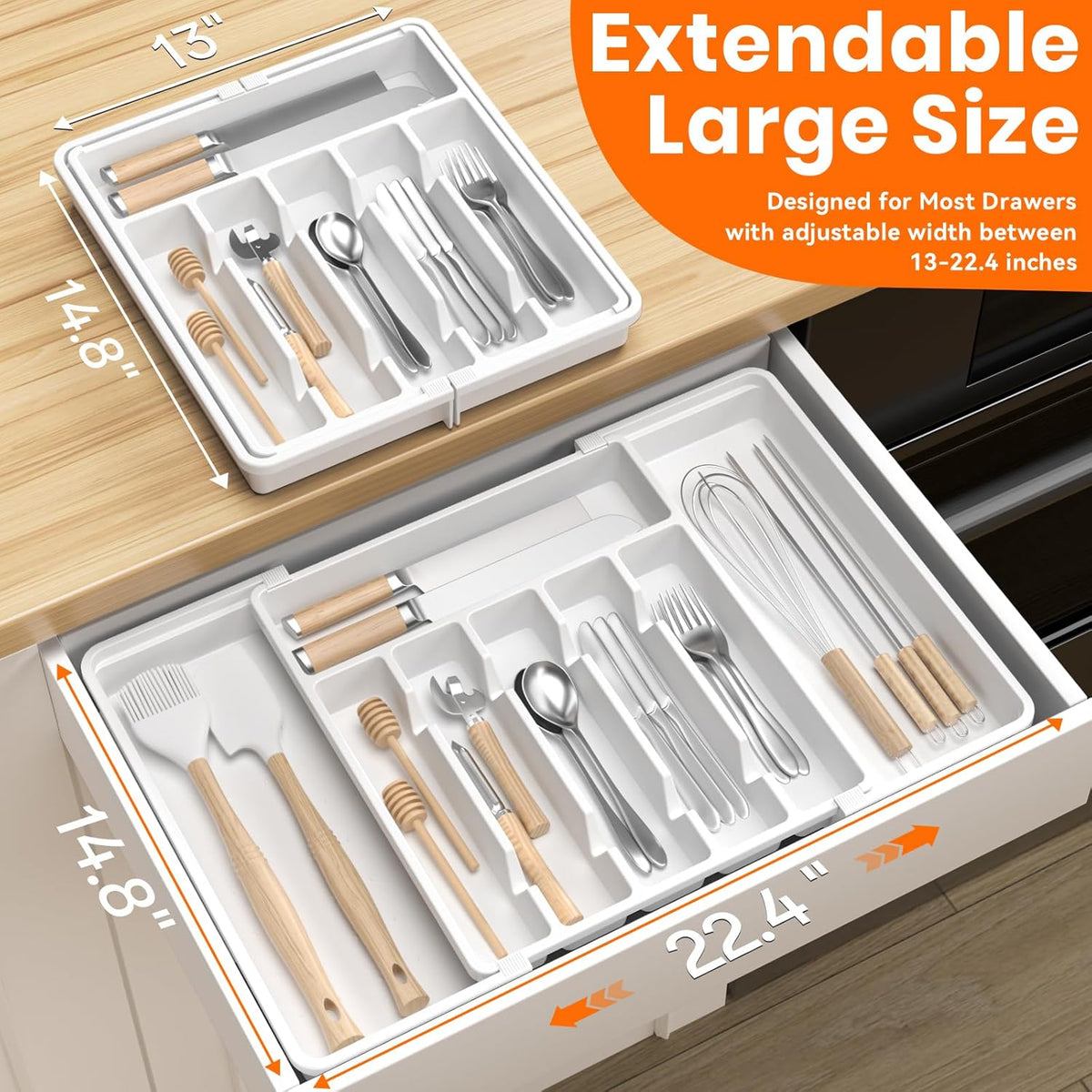 Large Silverware Organizer,Expandable Utensil Drawer Organizer,BPA Free Utensil Holder,Adjustable Silverware Tray Cutlery Drawer Organizer for Kitchen Flatware,Large,Black (6-8 Slots)