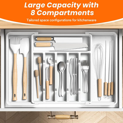Large Silverware Organizer,Expandable Utensil Drawer Organizer,BPA Free Utensil Holder,Adjustable Silverware Tray Cutlery Drawer Organizer for Kitchen Flatware,Large,Black (6-8 Slots)