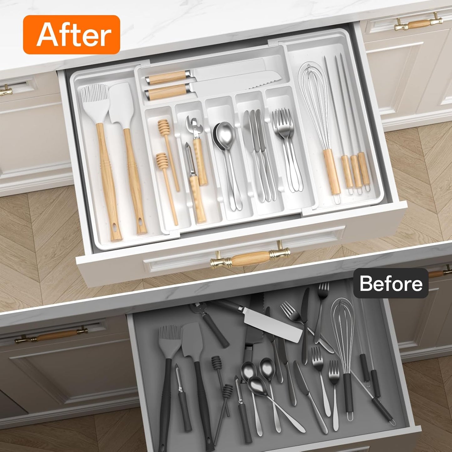 Large Silverware Organizer,Expandable Utensil Drawer Organizer,BPA Free Utensil Holder,Adjustable Silverware Tray Cutlery Drawer Organizer for Kitchen Flatware,Large,Black (6-8 Slots)