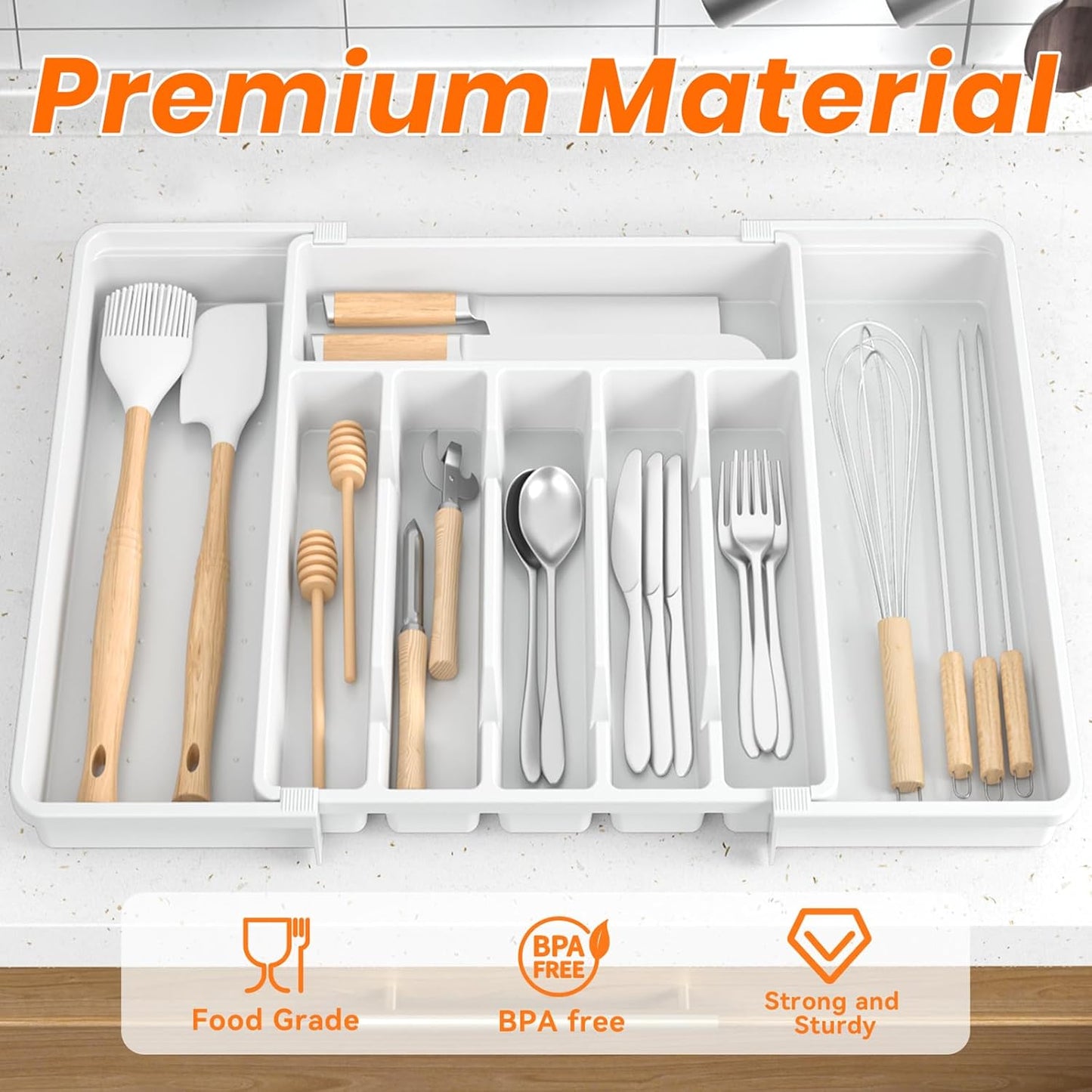 Large Silverware Organizer,Expandable Utensil Drawer Organizer,BPA Free Utensil Holder,Adjustable Silverware Tray Cutlery Drawer Organizer for Kitchen Flatware,Large,Black (6-8 Slots)