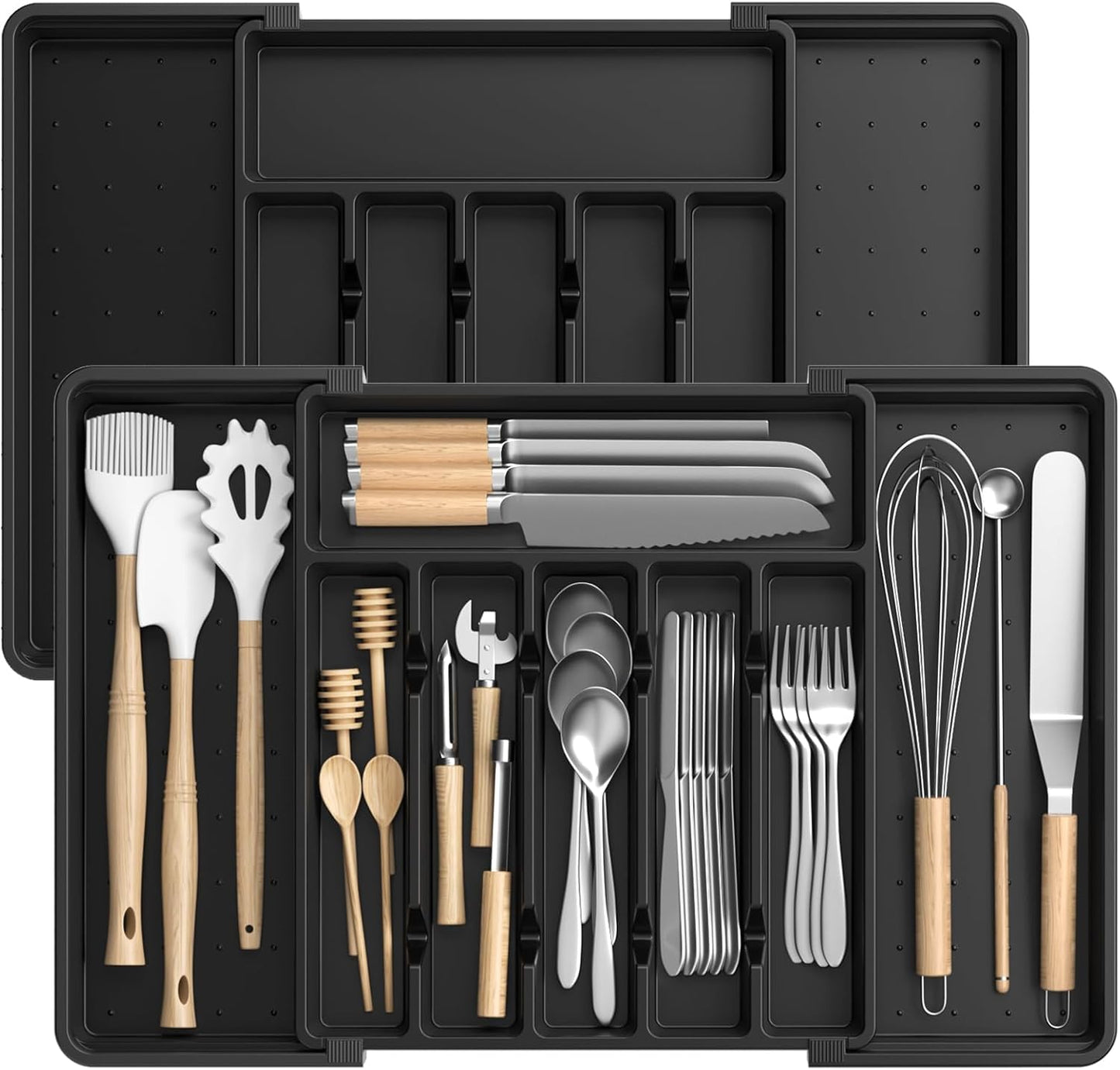 Large Silverware Organizer,Expandable Utensil Drawer Organizer,BPA Free Utensil Holder,Adjustable Silverware Tray Cutlery Drawer Organizer for Kitchen Flatware,Large,Black (6-8 Slots)