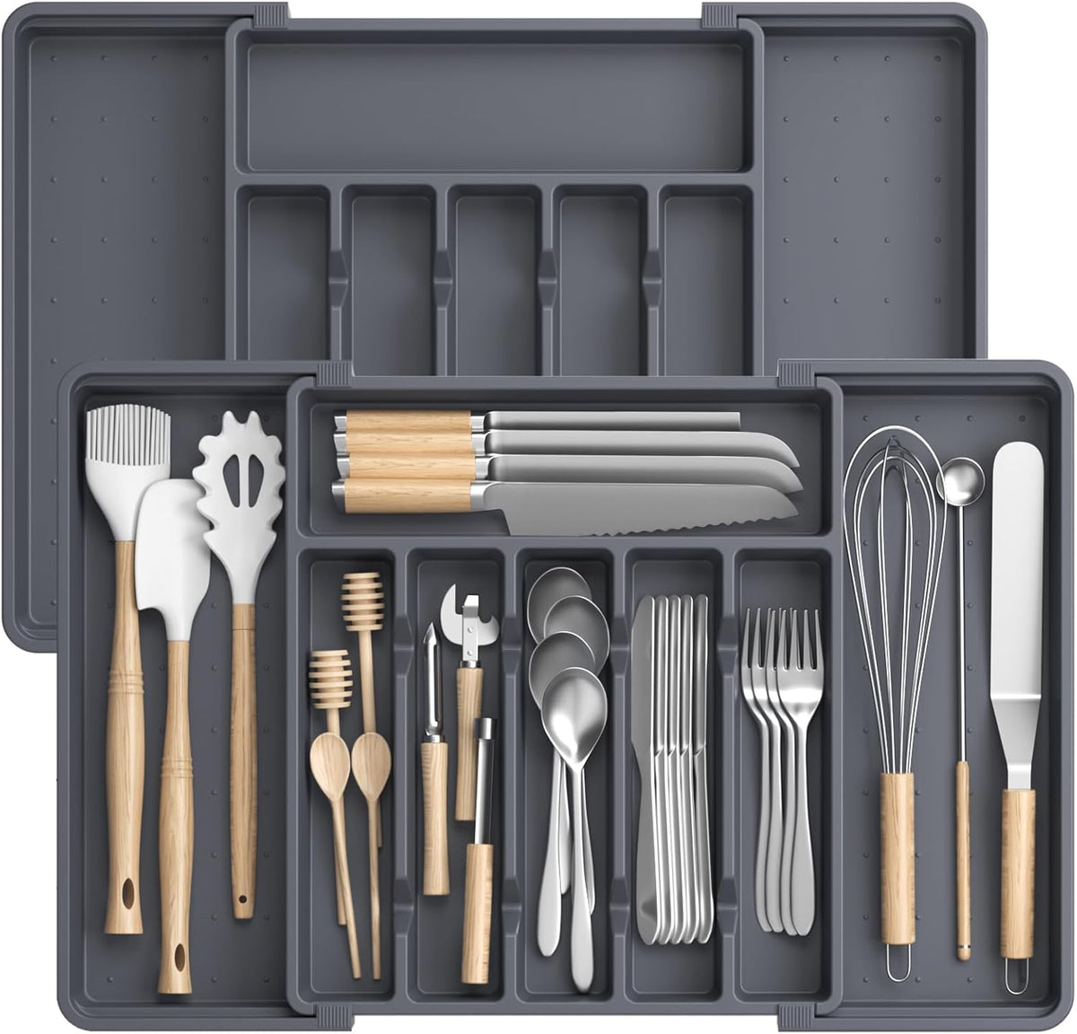 Large Silverware Organizer,Expandable Utensil Drawer Organizer,BPA Free Utensil Holder,Adjustable Silverware Tray Cutlery Drawer Organizer for Kitchen Flatware,Large,Black (6-8 Slots)