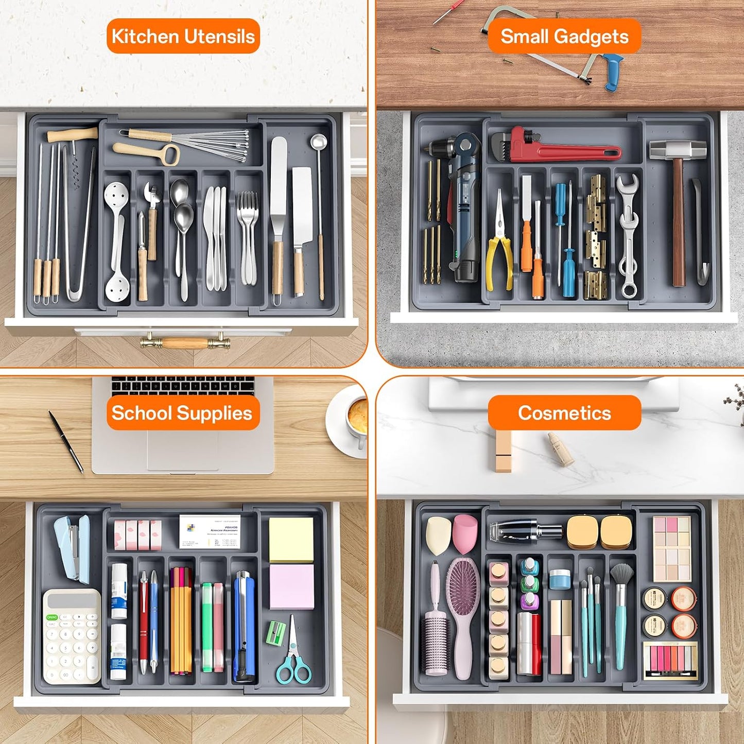 Large Silverware Organizer,Expandable Utensil Drawer Organizer,BPA Free Utensil Holder,Adjustable Silverware Tray Cutlery Drawer Organizer for Kitchen Flatware,Large,Black (6-8 Slots)