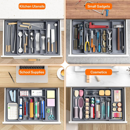 Large Silverware Organizer,Expandable Utensil Drawer Organizer,BPA Free Utensil Holder,Adjustable Silverware Tray Cutlery Drawer Organizer for Kitchen Flatware,Large,Black (6-8 Slots)