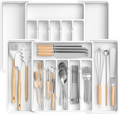 Large Silverware Organizer,Expandable Utensil Drawer Organizer,BPA Free Utensil Holder,Adjustable Silverware Tray Cutlery Drawer Organizer for Kitchen Flatware,Large,Black (6-8 Slots)