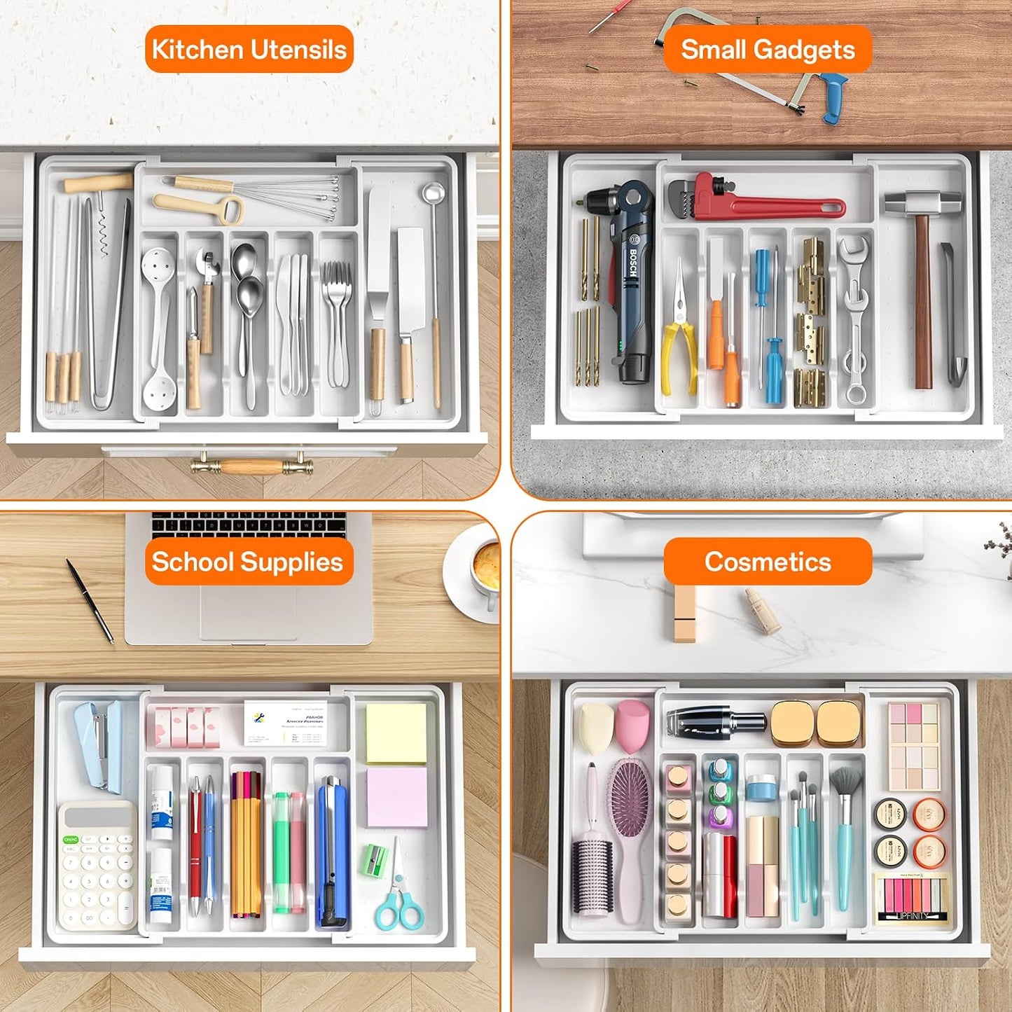 Large Silverware Organizer,Expandable Utensil Drawer Organizer,BPA Free Utensil Holder,Adjustable Silverware Tray Cutlery Drawer Organizer for Kitchen Flatware,Large,Black (6-8 Slots)