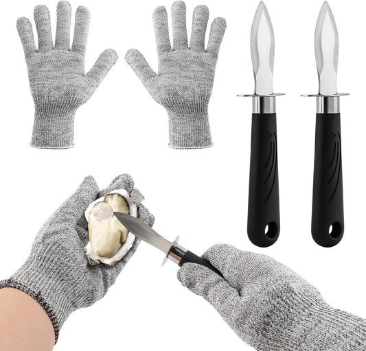 Oyster Shucking Knife Set,2 Stainless Steel Oyster Knifes and Cut Resistan-t Gloves,Oyster Shucker Kit Suitable for All Kinds of Shells and Oysters Shucking