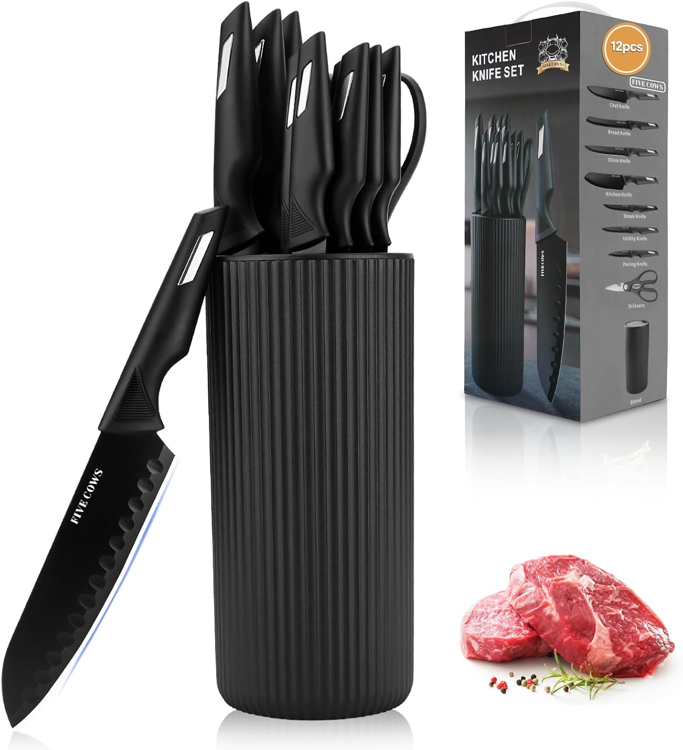 Premium 12-Piece Kitchen Knives Set with Universal Knife Block | Ultra Sharp Chef Knife, High Carbon Stainless Steel, Anti-Rust Non-Stick, Ergonomic Non-Slip Handle, Dishwasher Safe