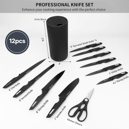 Premium 12-Piece Kitchen Knives Set with Universal Knife Block | Ultra Sharp Chef Knife, High Carbon Stainless Steel, Anti-Rust Non-Stick, Ergonomic Non-Slip Handle, Dishwasher Safe