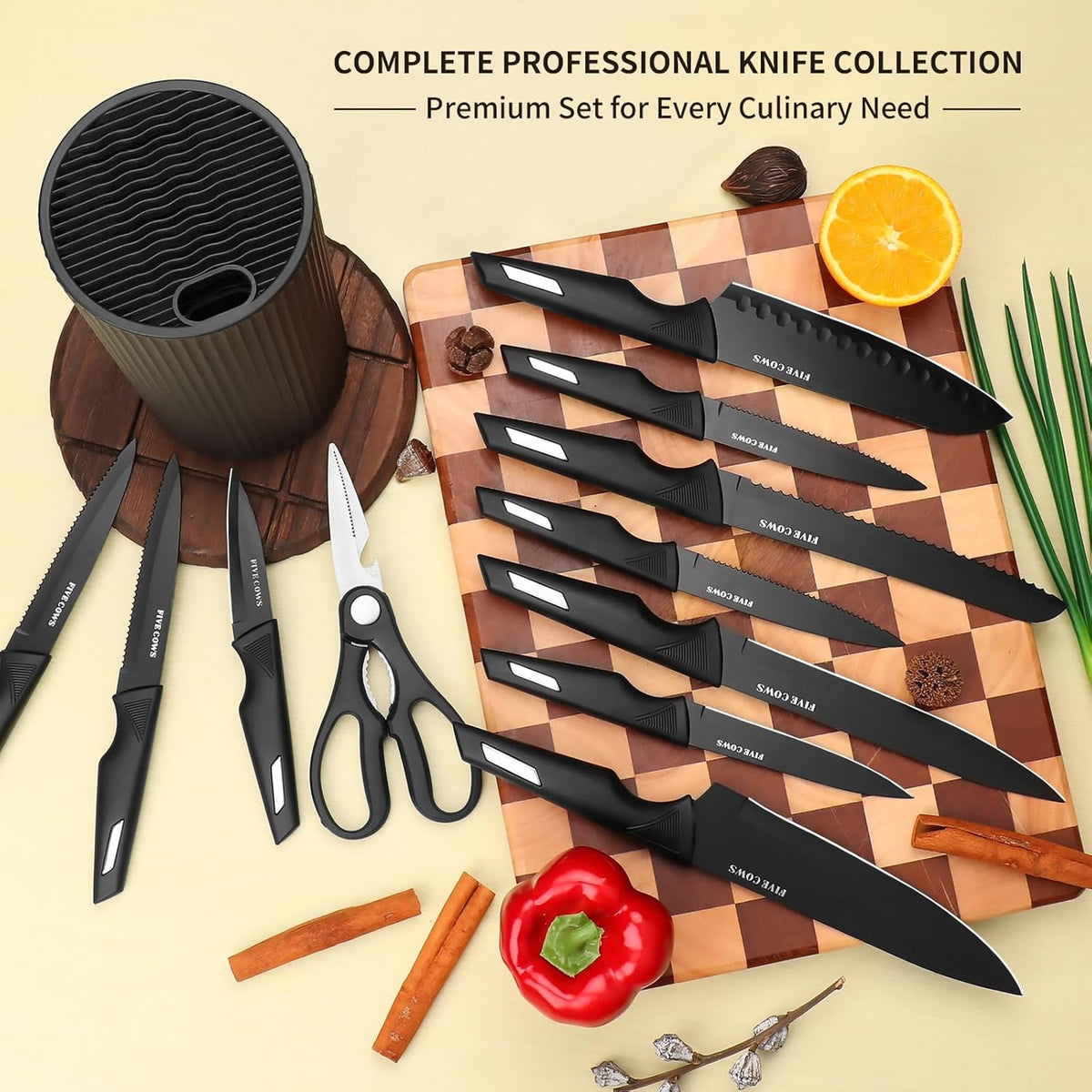 Premium 12-Piece Kitchen Knives Set with Universal Knife Block | Ultra Sharp Chef Knife, High Carbon Stainless Steel, Anti-Rust Non-Stick, Ergonomic Non-Slip Handle, Dishwasher Safe