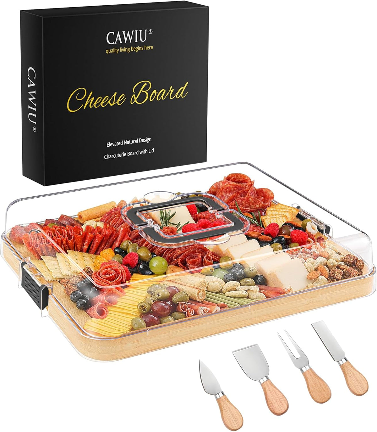 Portable Travel Charcuterie Board with Lid and Handle - Large Bamboo Cheese Board with 4 Cheese Knife Set for Outdoor, Picnics - Weddings, House Warming Gift for Women (1 Compartment, Black)