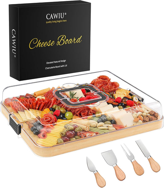 Portable Travel Charcuterie Board with Lid and Handle - Large Bamboo Cheese Board with 4 Cheese Knife Set for Outdoor, Picnics - Weddings, House Warming Gift for Women (1 Compartment, Black)