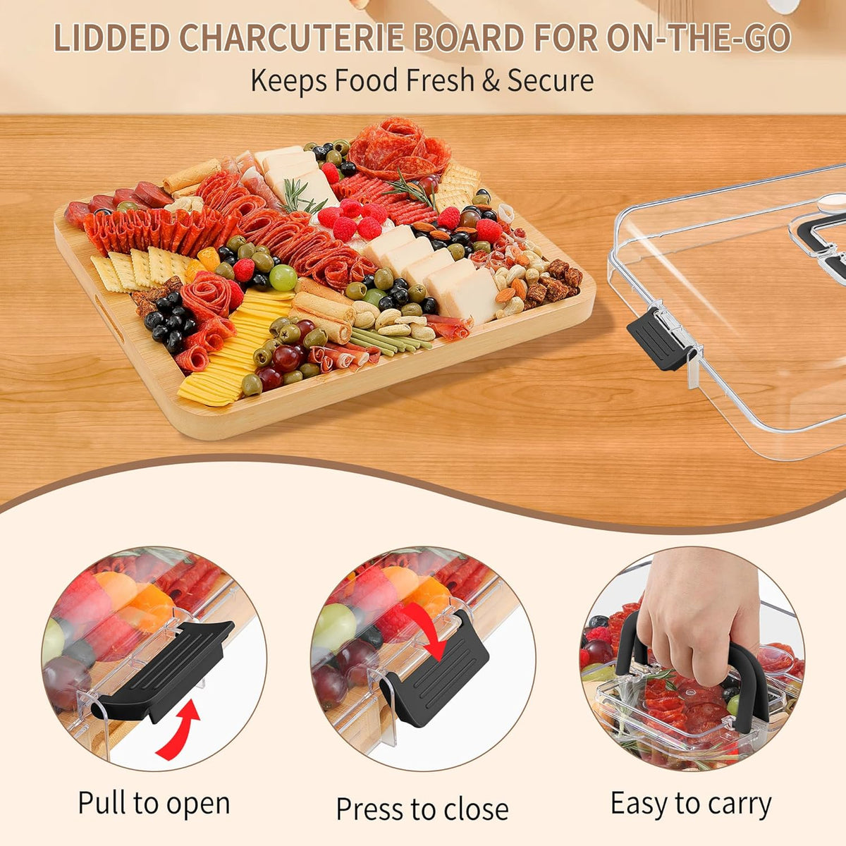 Portable Travel Charcuterie Board with Lid and Handle - Large Bamboo Cheese Board with 4 Cheese Knife Set for Outdoor, Picnics - Weddings, House Warming Gift for Women (1 Compartment, Black)