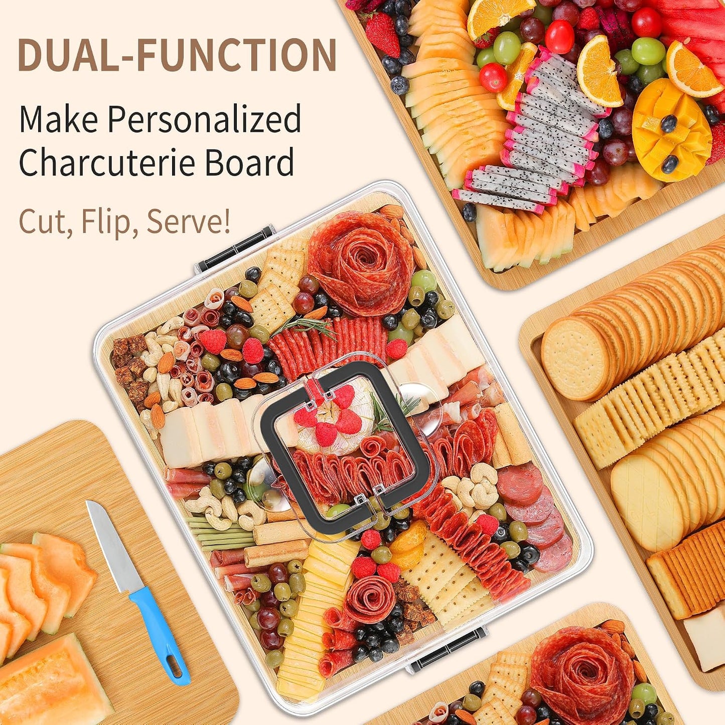 Portable Travel Charcuterie Board with Lid and Handle - Large Bamboo Cheese Board with 4 Cheese Knife Set for Outdoor, Picnics - Weddings, House Warming Gift for Women (1 Compartment, Black)
