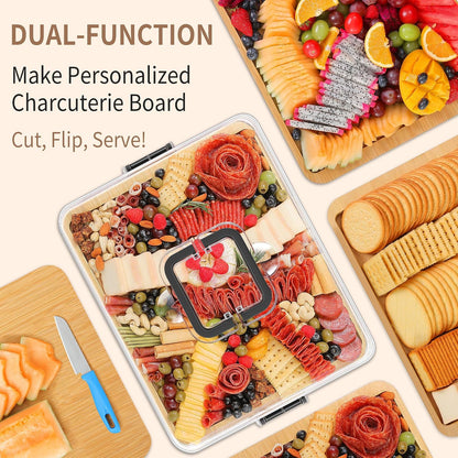 Portable Travel Charcuterie Board with Lid and Handle - Large Bamboo Cheese Board with 4 Cheese Knife Set for Outdoor, Picnics - Weddings, House Warming Gift for Women (1 Compartment, Black)