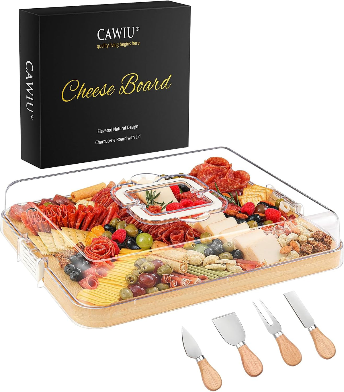 Portable Travel Charcuterie Board with Lid and Handle - Large Bamboo Cheese Board with 4 Cheese Knife Set for Outdoor, Picnics - Weddings, House Warming Gift for Women (1 Compartment, Black)