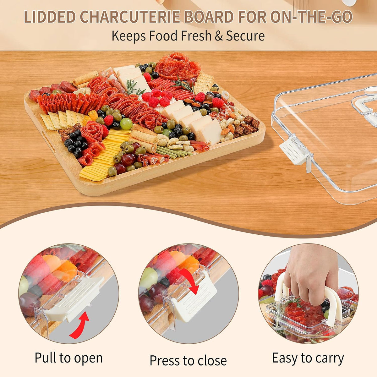 Portable Travel Charcuterie Board with Lid and Handle - Large Bamboo Cheese Board with 4 Cheese Knife Set for Outdoor, Picnics - Weddings, House Warming Gift for Women (1 Compartment, Black)