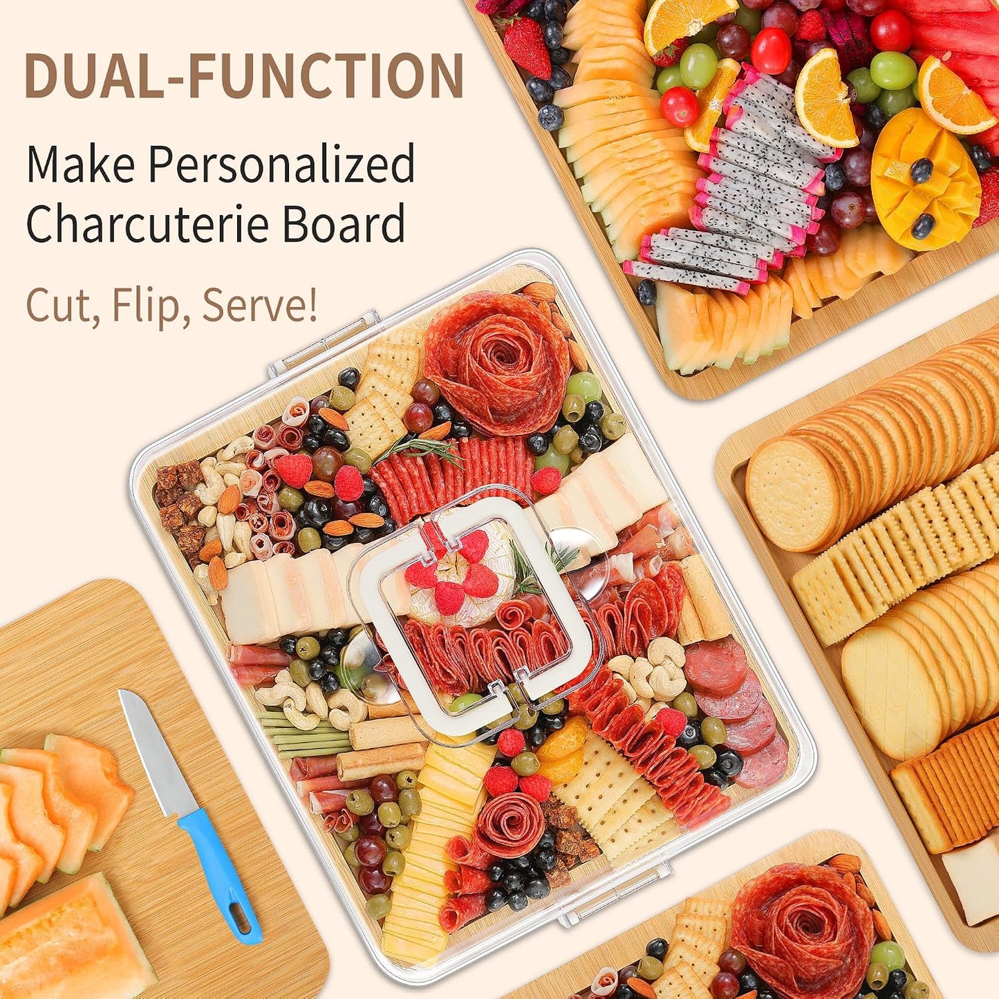 Portable Travel Charcuterie Board with Lid and Handle - Large Bamboo Cheese Board with 4 Cheese Knife Set for Outdoor, Picnics - Weddings, House Warming Gift for Women (1 Compartment, Black)