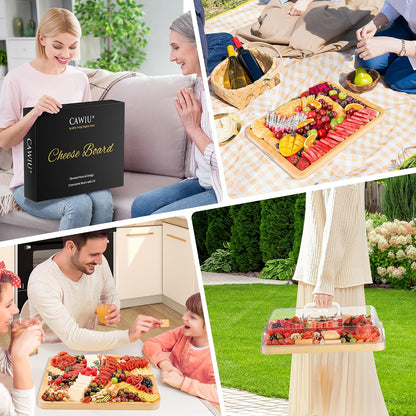 Portable Travel Charcuterie Board with Lid and Handle - Large Bamboo Cheese Board with 4 Cheese Knife Set for Outdoor, Picnics - Weddings, House Warming Gift for Women (1 Compartment, Black)