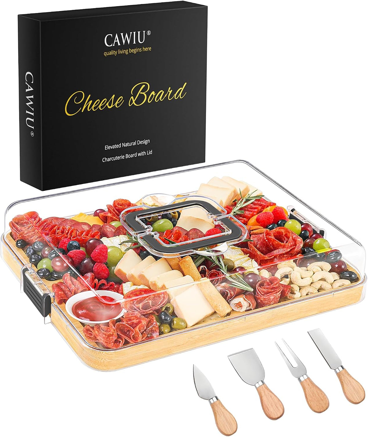 Portable Travel Charcuterie Board with Lid and Handle - Large Bamboo Cheese Board with 4 Cheese Knife Set for Outdoor, Picnics - Weddings, House Warming Gift for Women (1 Compartment, Black)