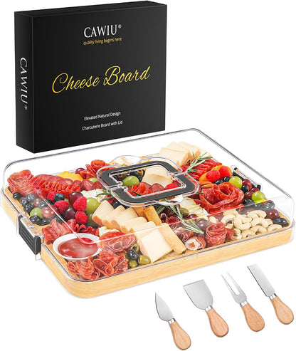 Portable Travel Charcuterie Board with Lid and Handle - Large Bamboo Cheese Board with 4 Cheese Knife Set for Outdoor, Picnics - Weddings, House Warming Gift for Women (1 Compartment, Black)
