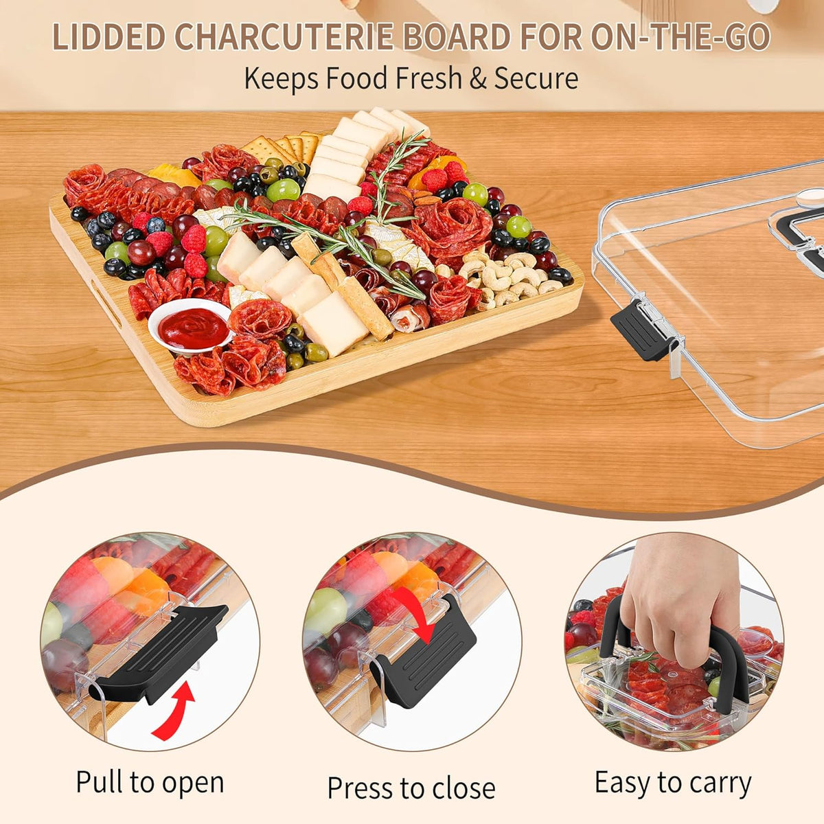 Portable Travel Charcuterie Board with Lid and Handle - Large Bamboo Cheese Board with 4 Cheese Knife Set for Outdoor, Picnics - Weddings, House Warming Gift for Women (1 Compartment, Black)