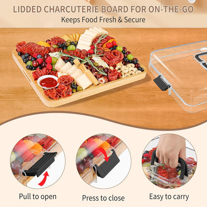 Portable Travel Charcuterie Board with Lid and Handle - Large Bamboo Cheese Board with 4 Cheese Knife Set for Outdoor, Picnics - Weddings, House Warming Gift for Women (1 Compartment, Black)
