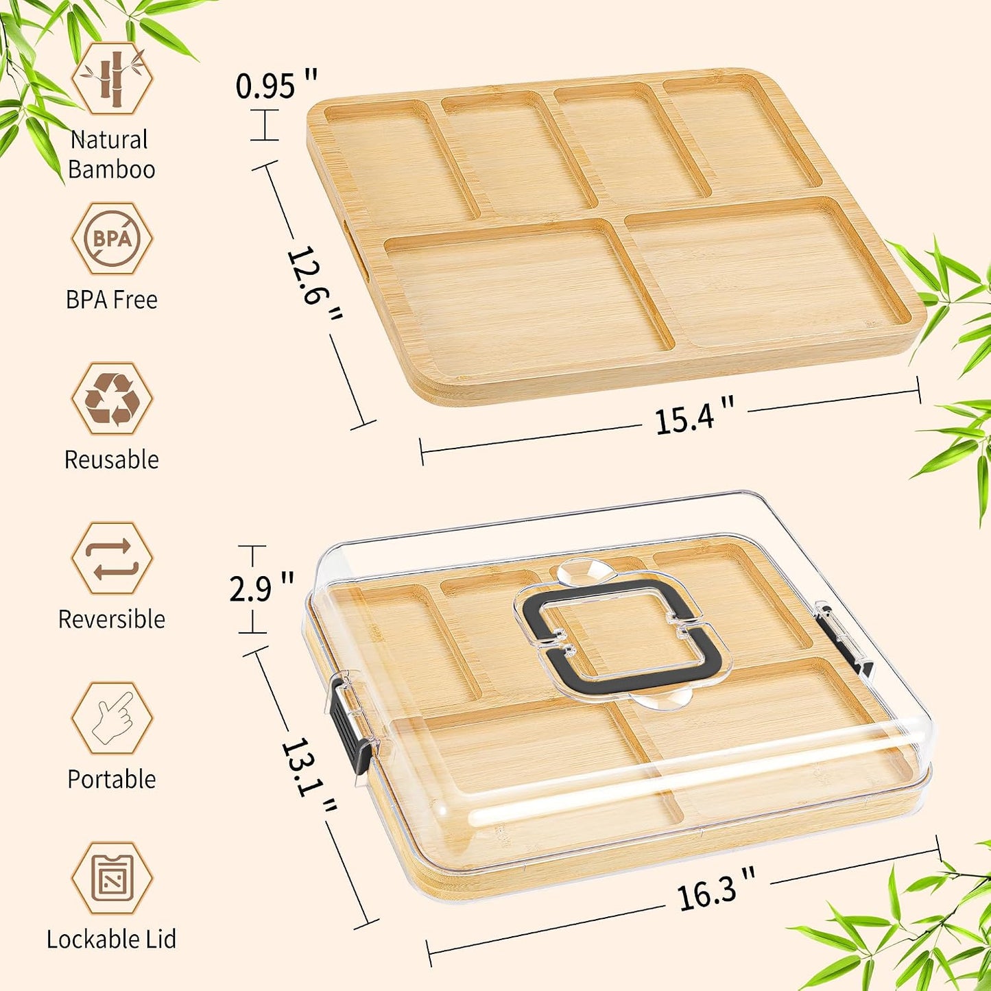 Portable Travel Charcuterie Board with Lid and Handle - Large Bamboo Cheese Board with 4 Cheese Knife Set for Outdoor, Picnics - Weddings, House Warming Gift for Women (1 Compartment, Black)